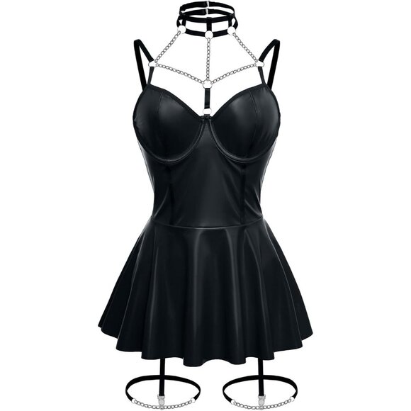 Women Black 1 Strappy Leather Underwire Choker Garter Belt Lingerie Set Dress - Picture 6 of 6
